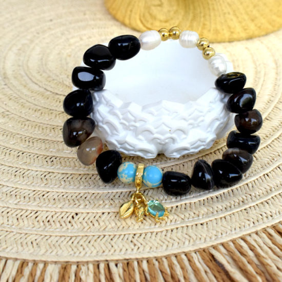 Ελαστικό Βραχιόλι με μάυρες χάντρες αχάτη