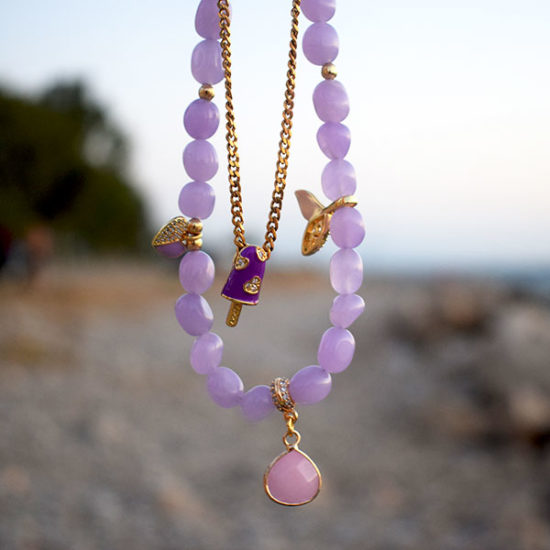 Κολιέ διπλή σειρά με χάντρες νεφρίτη λιλά