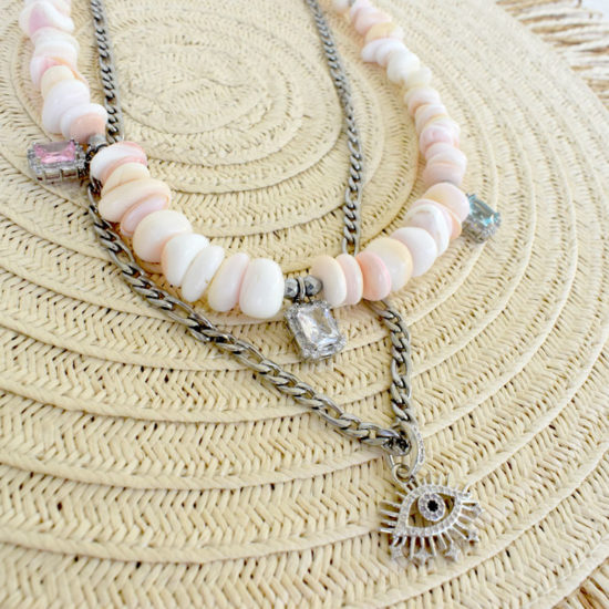 Ατσάλινο κολιέ διπλό με χάντρες φίλντισι και διάφορα μενταγιόν με ζιργκόν κρύσταλλα