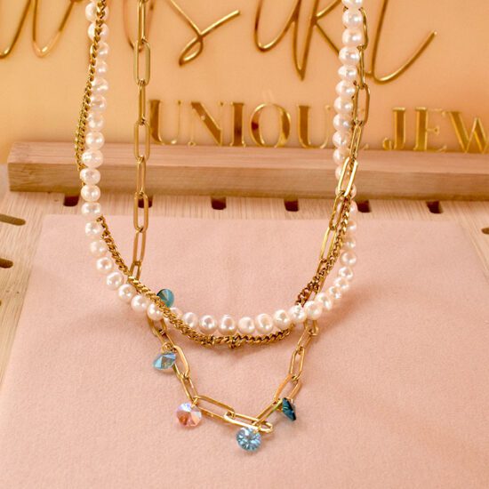 Χειροποίητο κολιέ - 3 Layer Pearl necklace with chain and Swarovski crystals
