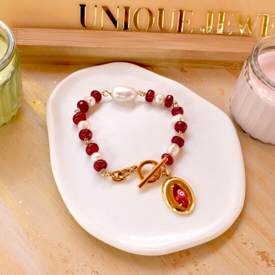 Χειροποίητο βραχιόλι - Deep red Agate and Natural pearls