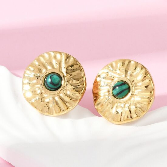 Ατσάλινα σκουλαρίκια - Round Malachite 14K Gold Plated