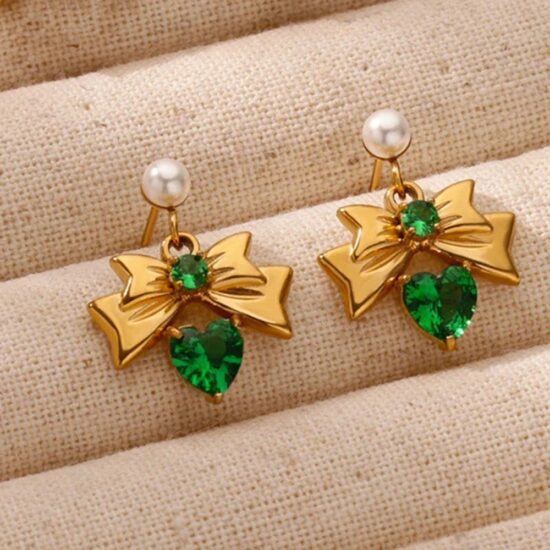 Ατσάλινα σκουλαρίκια - Bowknot Emerald Zirconia 18K Gold plated