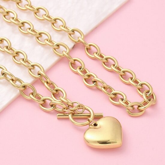Ατσάλινο κολιέ - Link chain Heart 18k Gold Plated