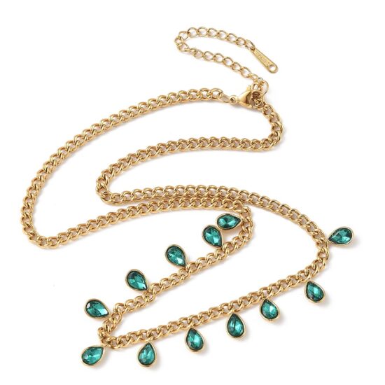 Ατσάλινο κολιέ - Teardrop Rhinestone deep green