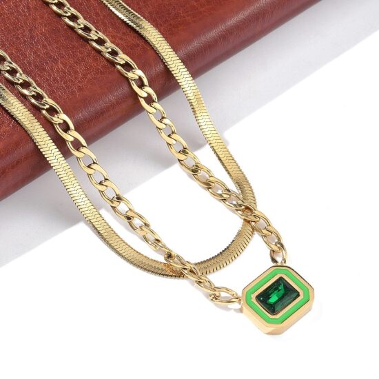 Ατσάλινο κολιέ - Double layer Emerald 18K gold plated