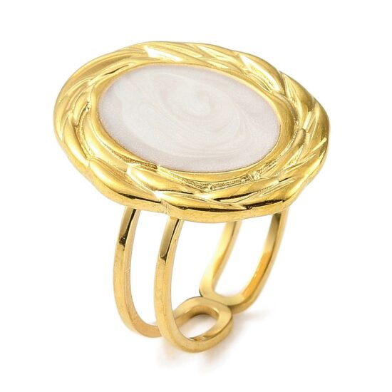 Ατσάλινο Δακτυλίδι - Open cuff ivory enamel 18K Gold Plated