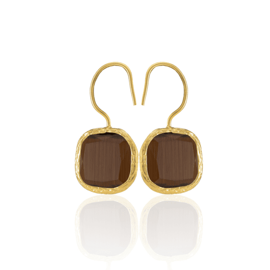 Χειροποίητα Σκουλαρίκια Semi precious Square Brown  – 22k gold plated