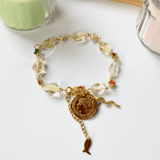Ατσάλινο Βραχιόλι - Lemon Quartz beads with coin
